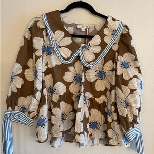 Entro Brown Floral Blouse with Blue Accents